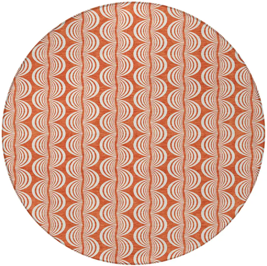 8' Coral And Beige Round Ogee Washable Indoor Outdoor Area Rug Photo 5