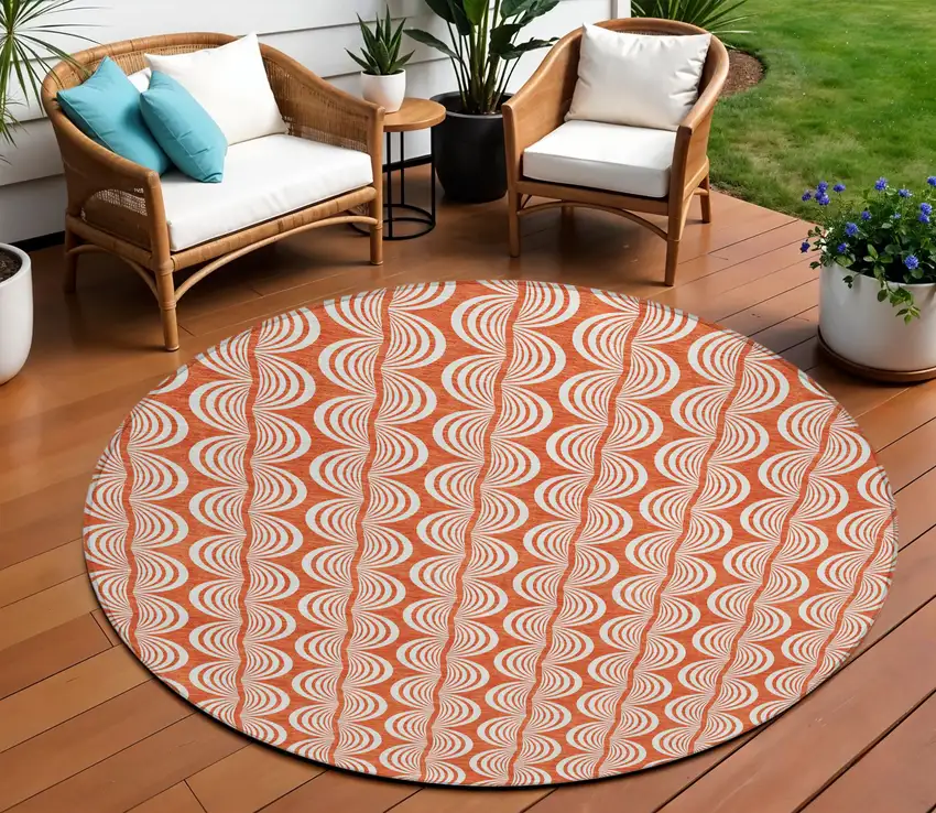 8' Coral And Beige Round Ogee Washable Indoor Outdoor Area Rug Photo 1