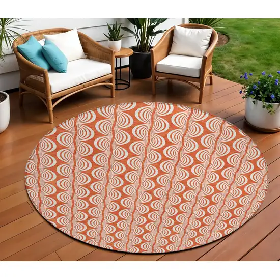 8' Coral And Beige Round Ogee Washable Indoor Outdoor Area Rug Photo 1