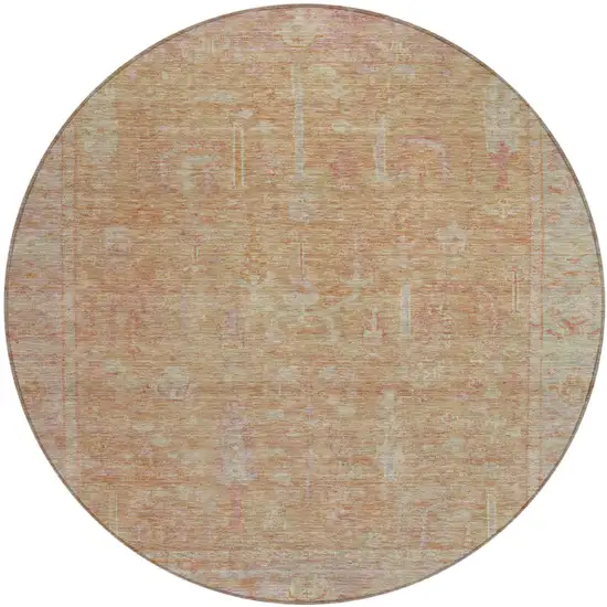 8' Coral And Beige Round Oriental Washable Indoor Outdoor Area Rug Photo 2