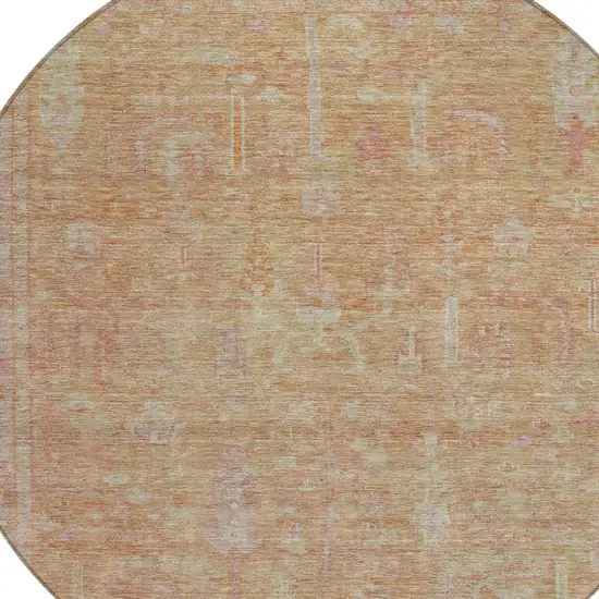 8' Coral And Beige Round Oriental Washable Indoor Outdoor Area Rug Photo 5