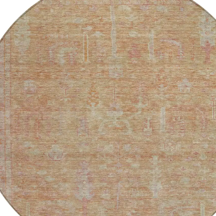 8' Coral And Beige Round Oriental Washable Indoor Outdoor Area Rug Photo 5