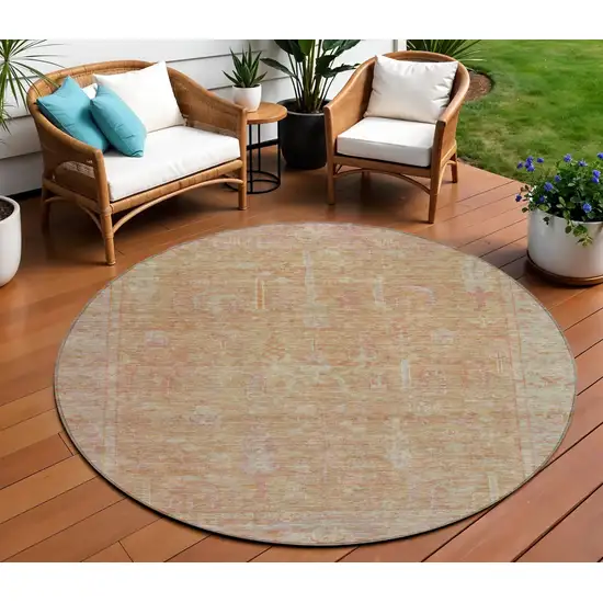 8' Coral And Beige Round Oriental Washable Indoor Outdoor Area Rug Photo 1