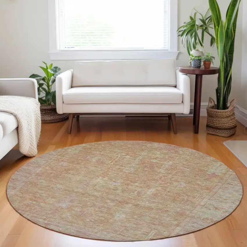 8' Coral And Beige Round Oriental Washable Indoor Outdoor Area Rug Photo 8