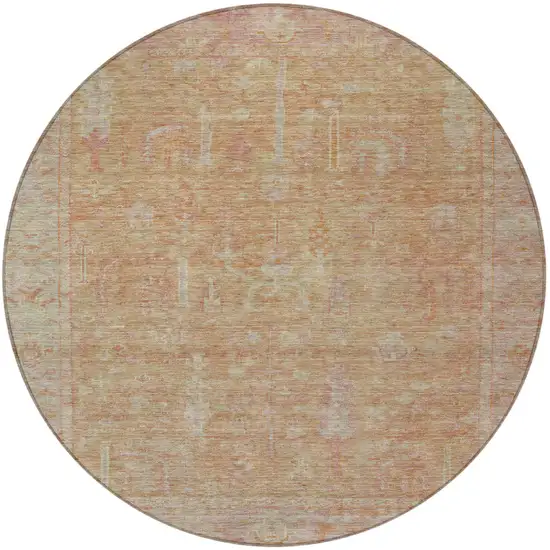 8' Coral And Beige Round Oriental Washable Indoor Outdoor Area Rug Photo 6