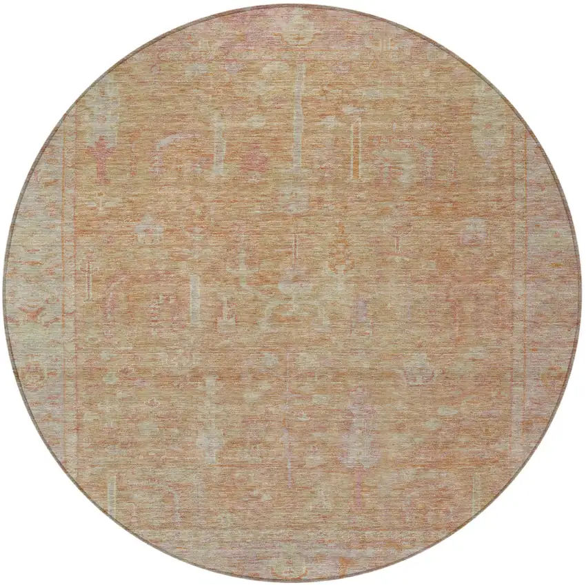 8' Coral And Beige Round Oriental Washable Indoor Outdoor Area Rug Photo 6