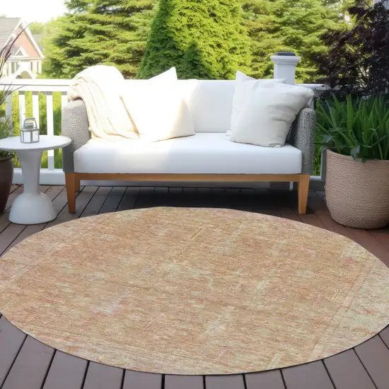 8' Coral And Beige Round Oriental Washable Indoor Outdoor Area Rug Photo 7