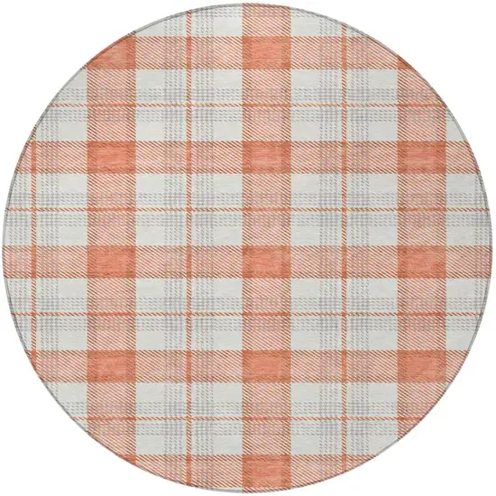 8' Coral And Beige Round Plaid Washable Indoor Outdoor Area Rug Photo 6