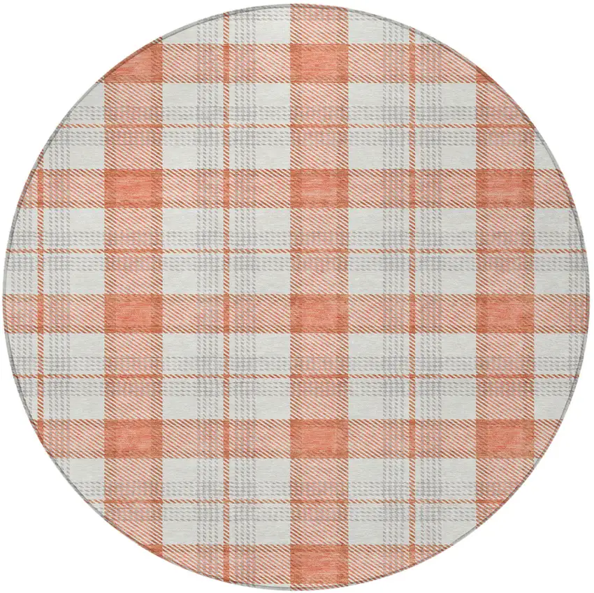 8' Coral And Beige Round Plaid Washable Indoor Outdoor Area Rug Photo 6