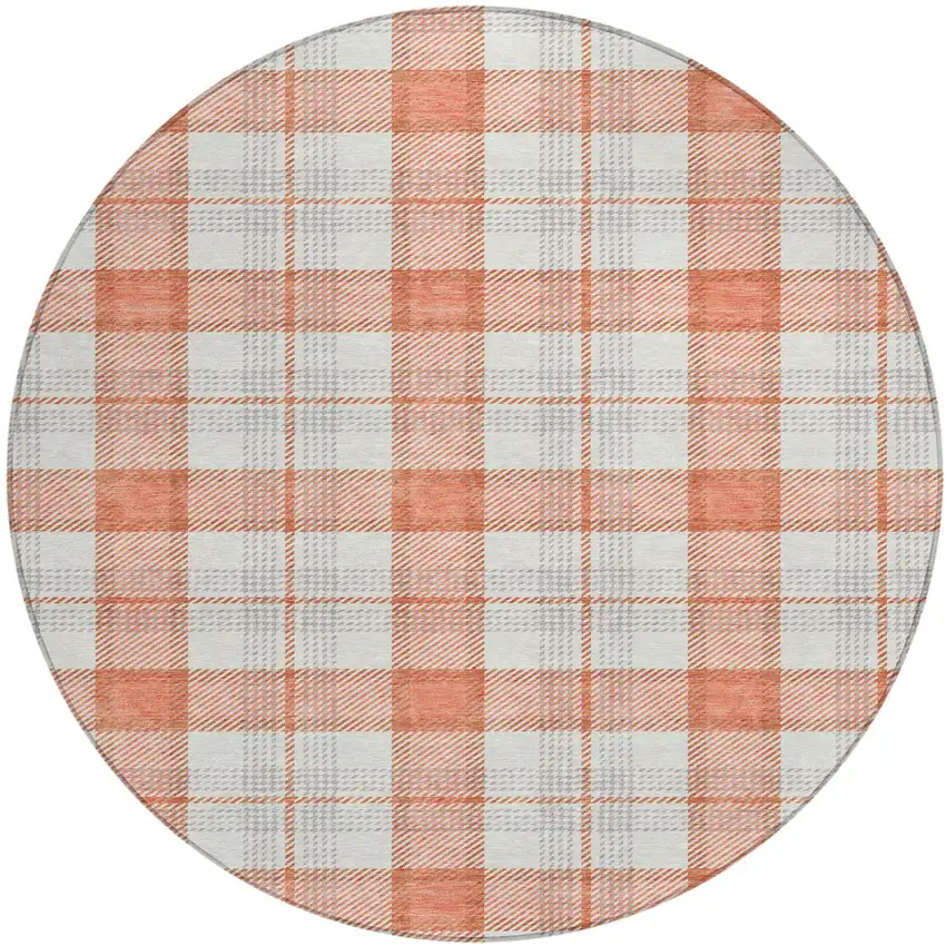 8' Coral And Beige Round Plaid Washable Indoor Outdoor Area Rug Photo 2