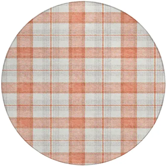 8' Coral And Beige Round Plaid Washable Indoor Outdoor Area Rug Photo 2