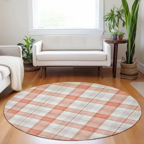 8' Coral And Beige Round Plaid Washable Indoor Outdoor Area Rug Photo 8