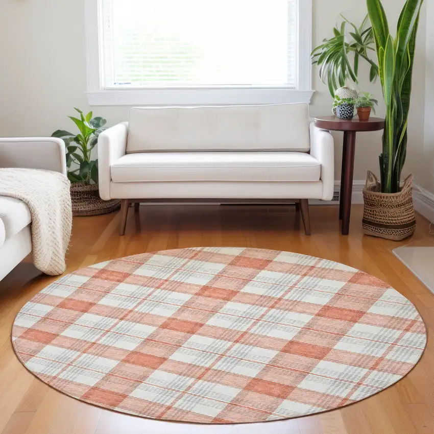 8' Coral And Beige Round Plaid Washable Indoor Outdoor Area Rug Photo 8