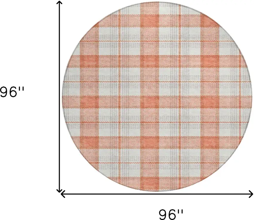 8' Coral And Beige Round Plaid Washable Indoor Outdoor Area Rug Photo 9