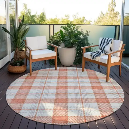 8' Coral And Beige Round Plaid Washable Indoor Outdoor Area Rug Photo 7