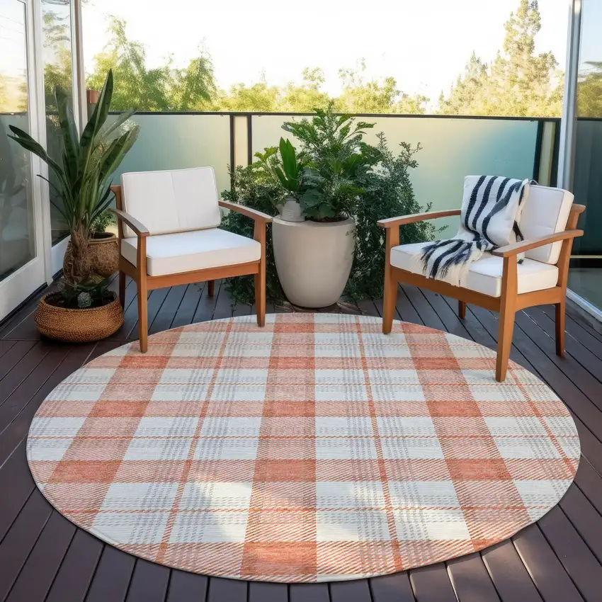 8' Coral And Beige Round Plaid Washable Indoor Outdoor Area Rug Photo 7