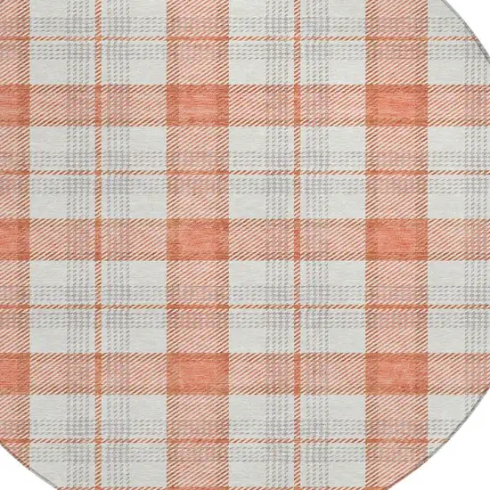 8' Coral And Beige Round Plaid Washable Indoor Outdoor Area Rug Photo 4