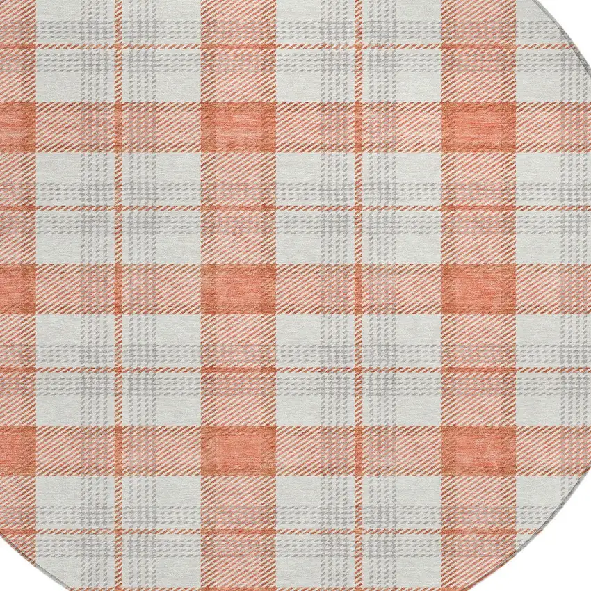8' Coral And Beige Round Plaid Washable Indoor Outdoor Area Rug Photo 4