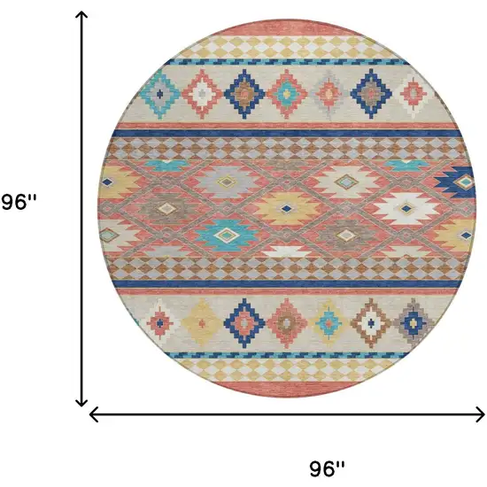 8' Coral And Beige Round Southwestern Washable Indoor Outdoor Area Rug Photo 7