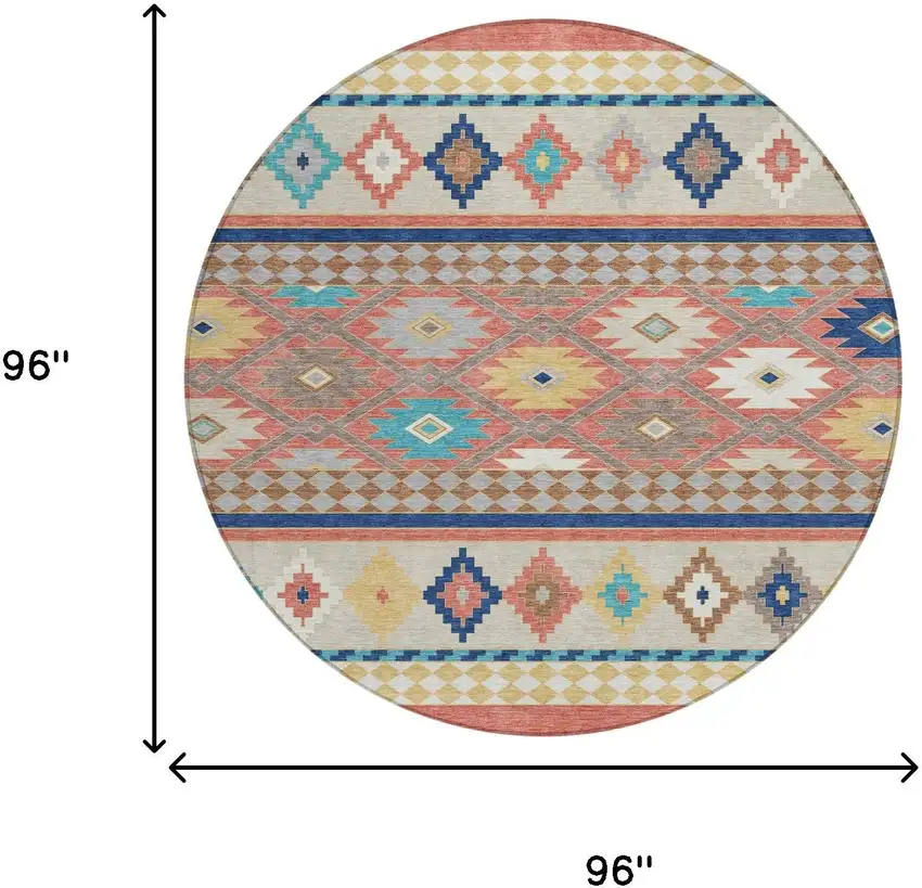 8' Coral And Beige Round Southwestern Washable Indoor Outdoor Area Rug Photo 7
