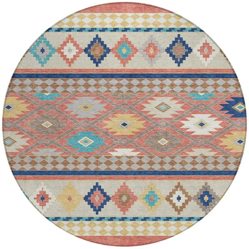 8' Coral And Beige Round Southwestern Washable Indoor Outdoor Area Rug Photo 4
