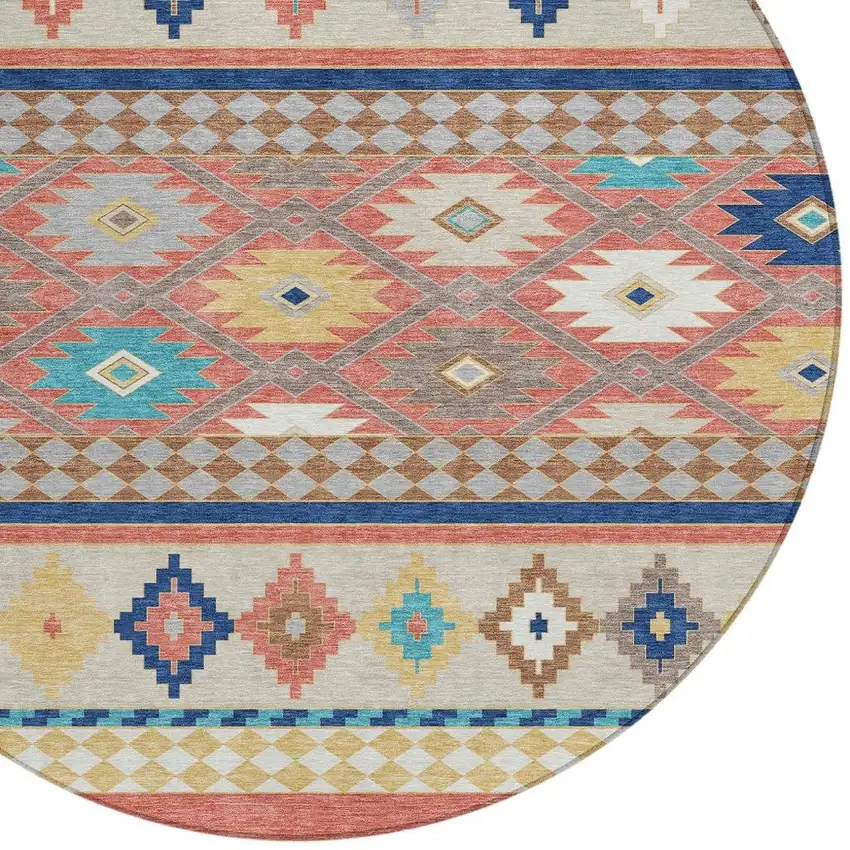 8' Coral And Beige Round Southwestern Washable Indoor Outdoor Area Rug Photo 3
