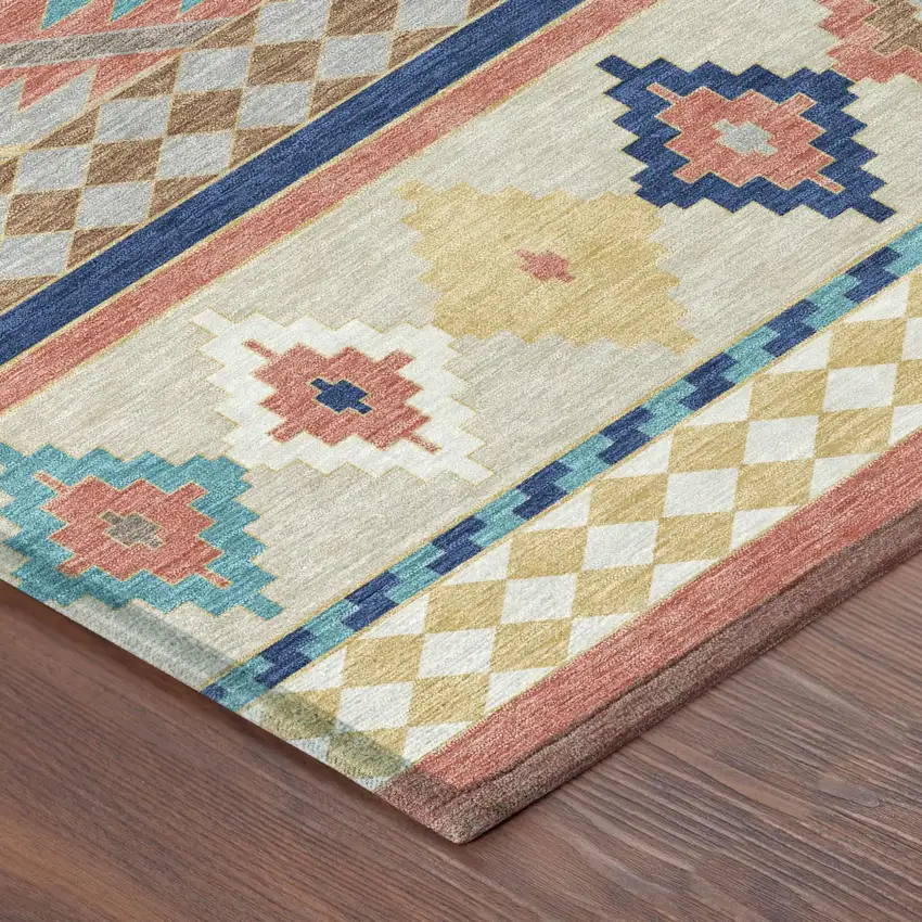 8' Coral And Beige Round Southwestern Washable Indoor Outdoor Area Rug Photo 5