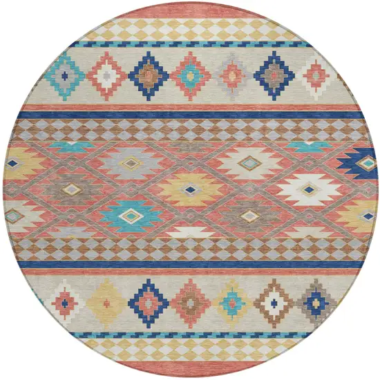 8' Coral And Beige Round Southwestern Washable Indoor Outdoor Area Rug Photo 2