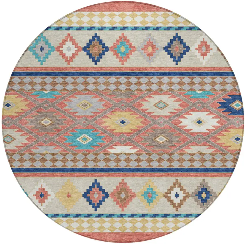 8' Coral And Beige Round Southwestern Washable Indoor Outdoor Area Rug Photo 2