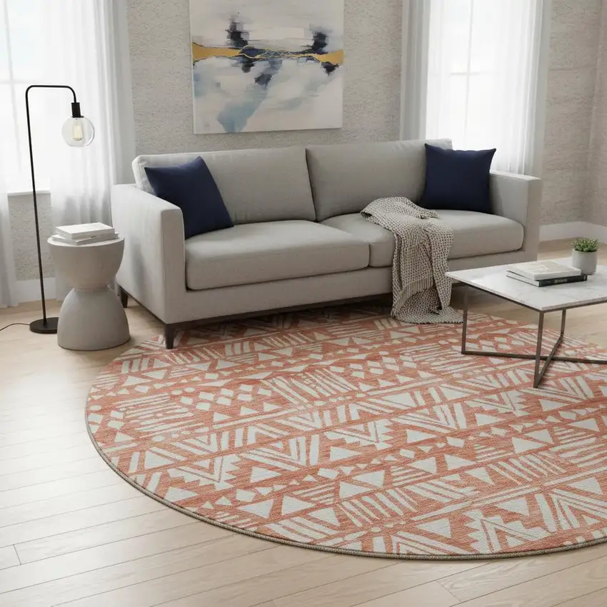8' Coral And Beige Southwestern Washable Round Rug With UV Protection Photo 2