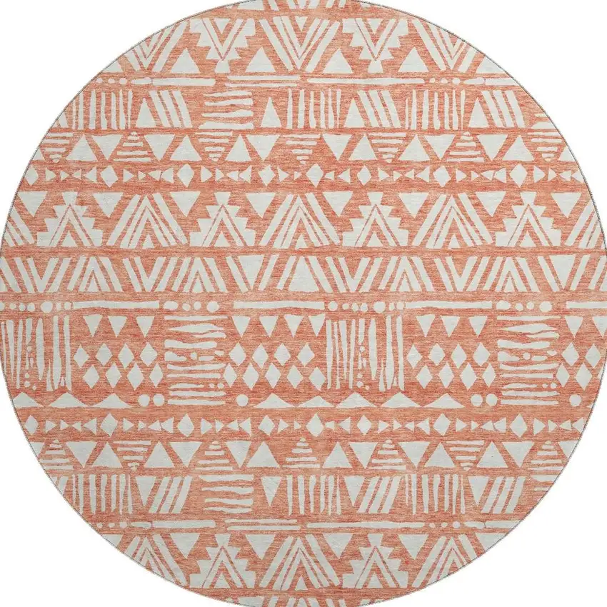 8' Coral And Beige Southwestern Washable Round Rug With UV Protection Photo 3