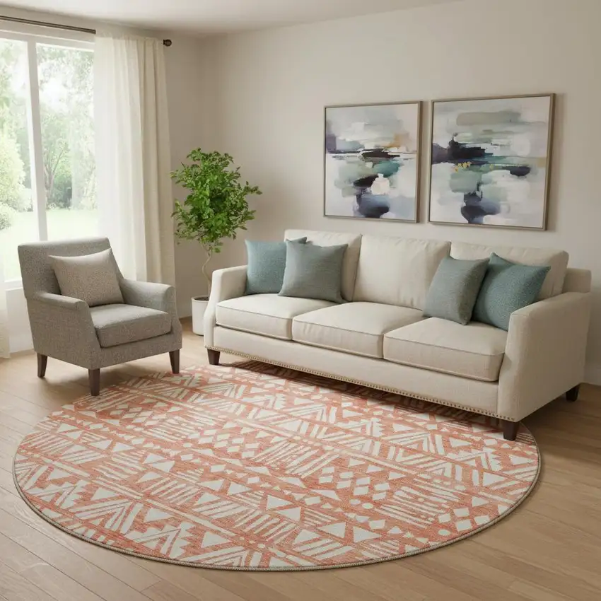 8' Coral And Beige Southwestern Washable Round Rug With UV Protection Photo 1