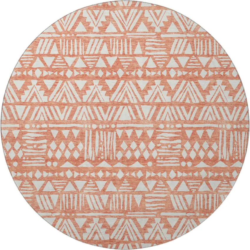 8' Coral And Beige Southwestern Washable Round Rug With UV Protection Photo 4