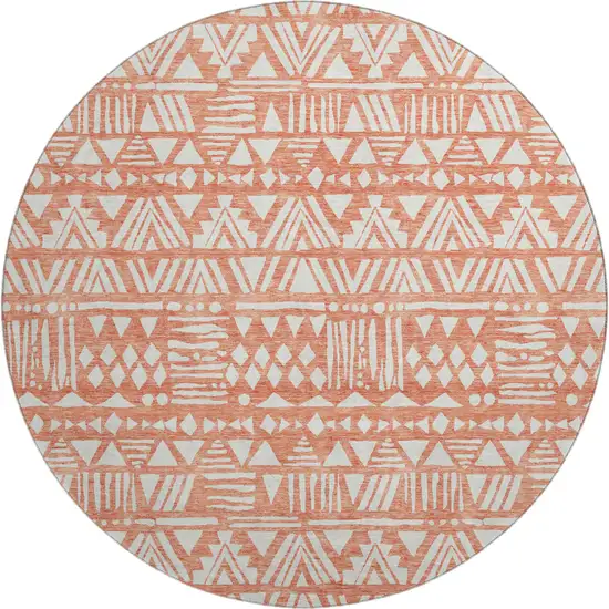 8' Coral And Beige Southwestern Washable Round Rug With UV Protection Photo 1