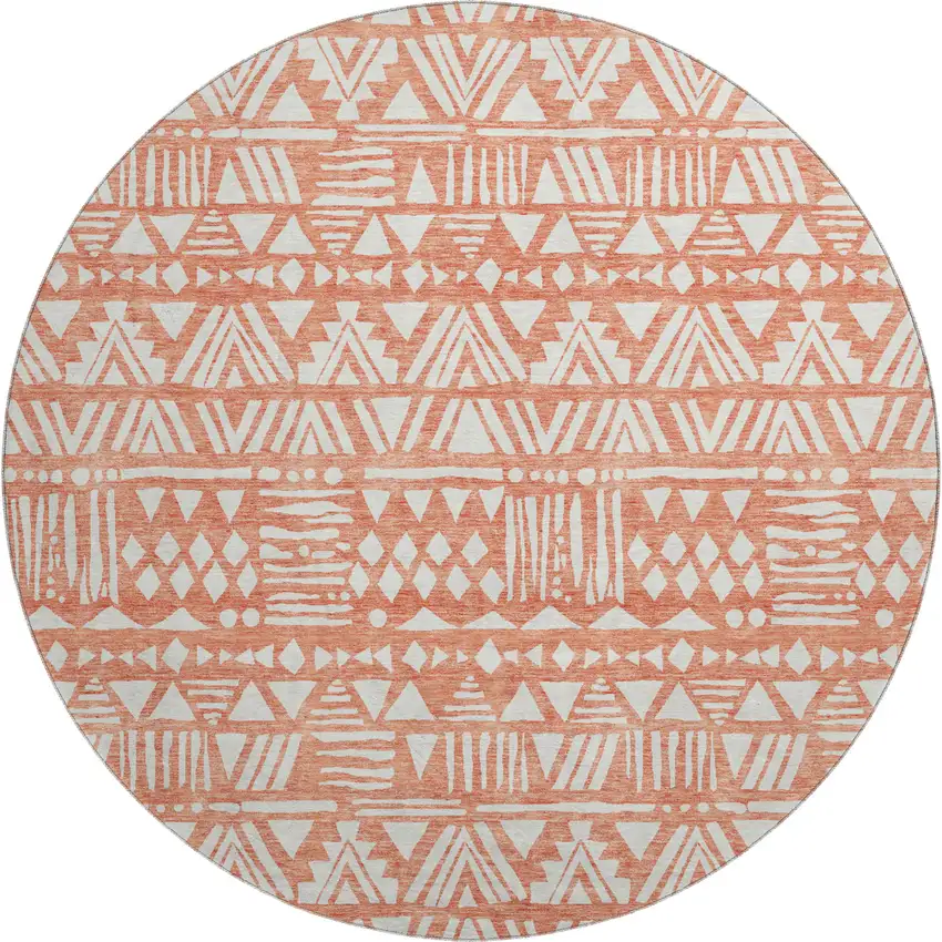 8' Coral And Beige Southwestern Washable Round Rug With UV Protection Photo 1