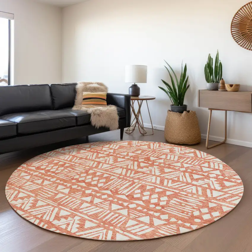 8' Coral And Beige Southwestern Washable Round Rug With UV Protection Photo 5