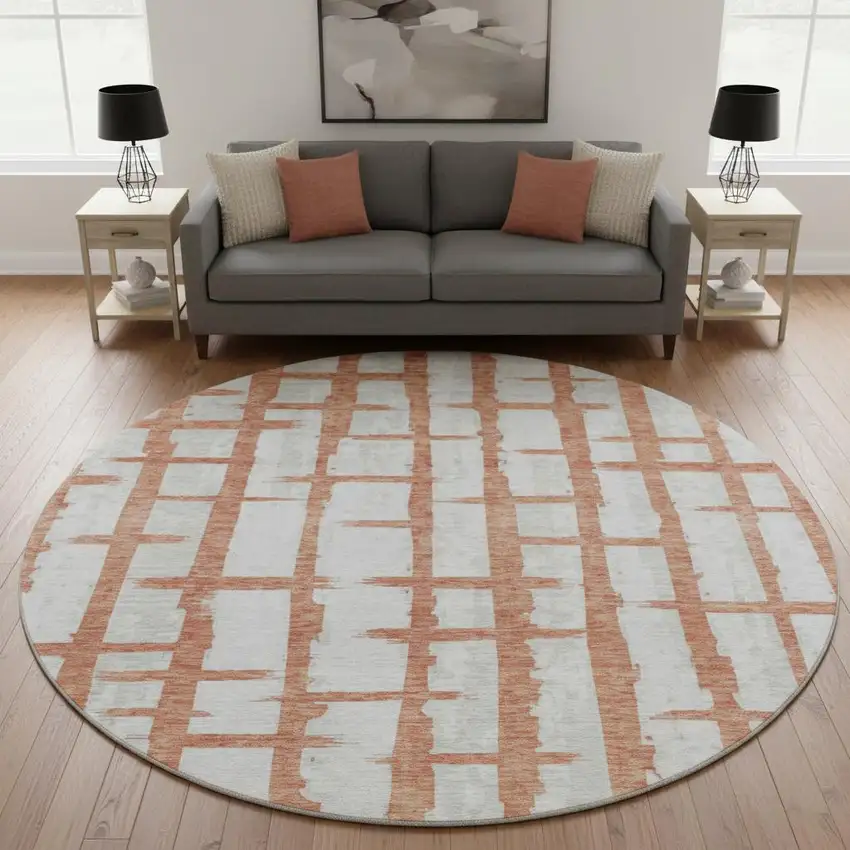 8' Coral And Beige Striped Washable Round Rug With UV Protection Photo 2