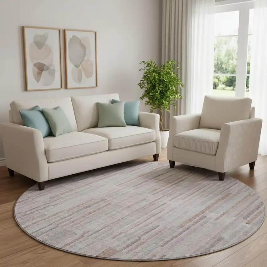 8' Coral And Beige Striped Washable Round Rug With UV Protection Photo 2