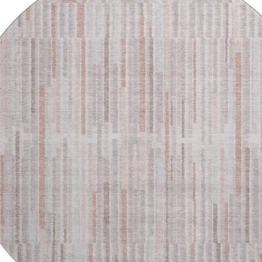 8' Coral And Beige Striped Washable Round Rug With UV Protection Photo 3