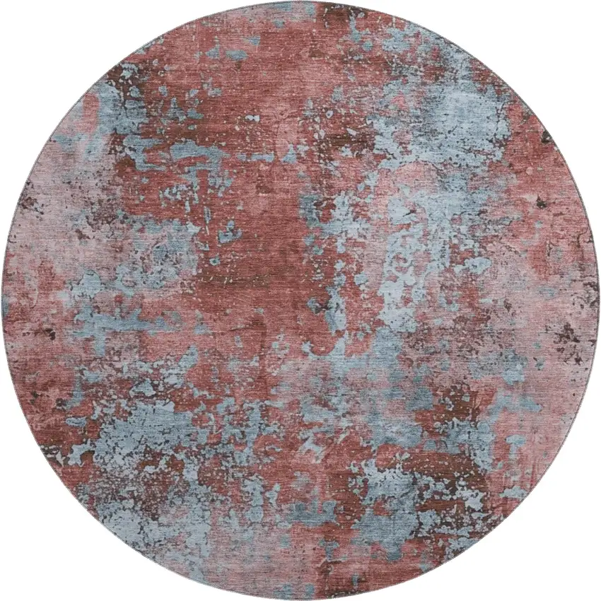 8' Coral And Blue Abstract Washable Round Rug With UV Protection Photo 1