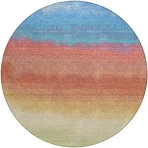 Photo of 8' Coral And Blue Round Ombre Washable Indoor Outdoor Area Rug