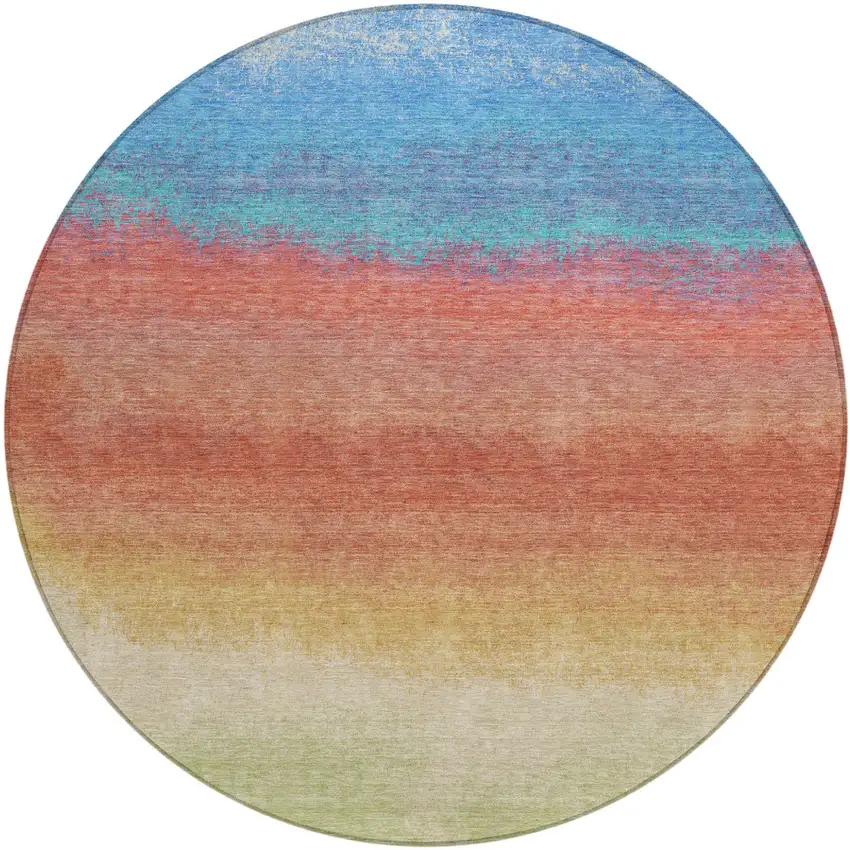 8' Coral And Blue Round Ombre Washable Indoor Outdoor Area Rug Photo 1