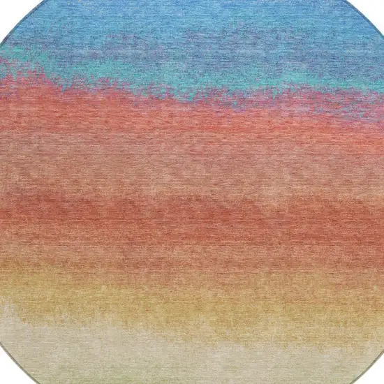 8' Coral And Blue Round Ombre Washable Indoor Outdoor Area Rug Photo 8