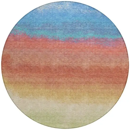 8' Coral And Blue Round Ombre Washable Indoor Outdoor Area Rug Photo 3