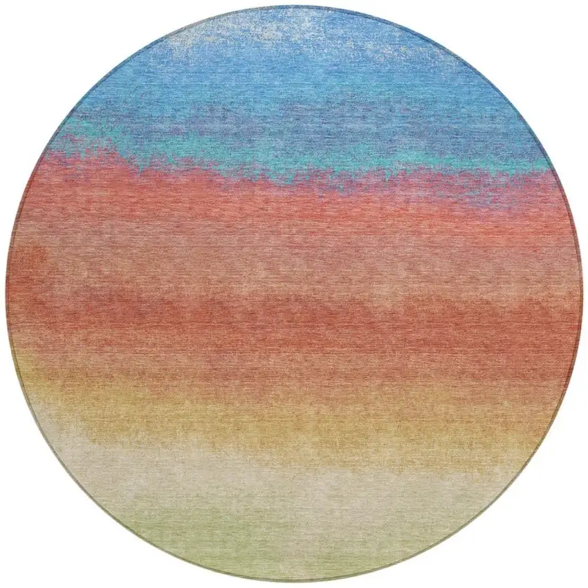 8' Coral And Blue Round Ombre Washable Indoor Outdoor Area Rug Photo 3