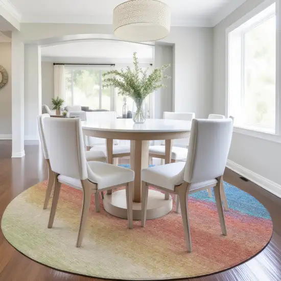 8' Coral And Blue Round Ombre Washable Indoor Outdoor Area Rug Photo 6