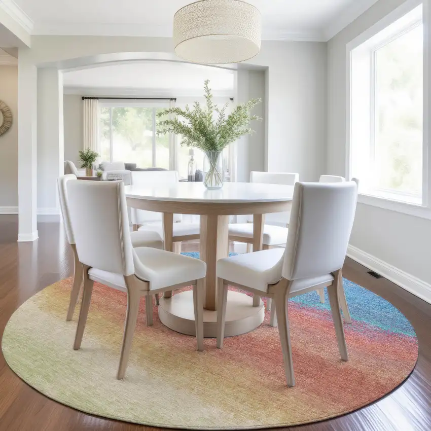 8' Coral And Blue Round Ombre Washable Indoor Outdoor Area Rug Photo 6