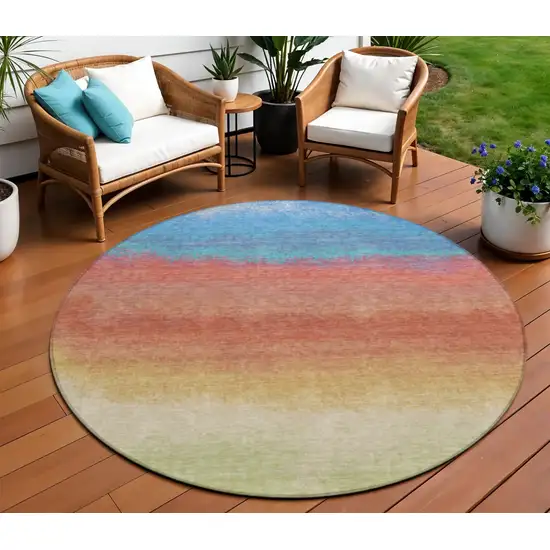 8' Coral And Blue Round Ombre Washable Indoor Outdoor Area Rug Photo 2