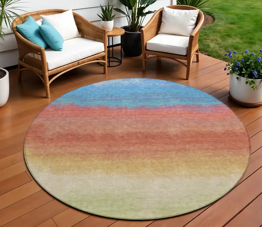 8' Coral And Blue Round Ombre Washable Indoor Outdoor Area Rug Photo 2
