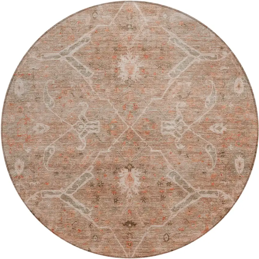 8' Coral And Copper Round Floral Washable Indoor Outdoor Area Rug Photo 2